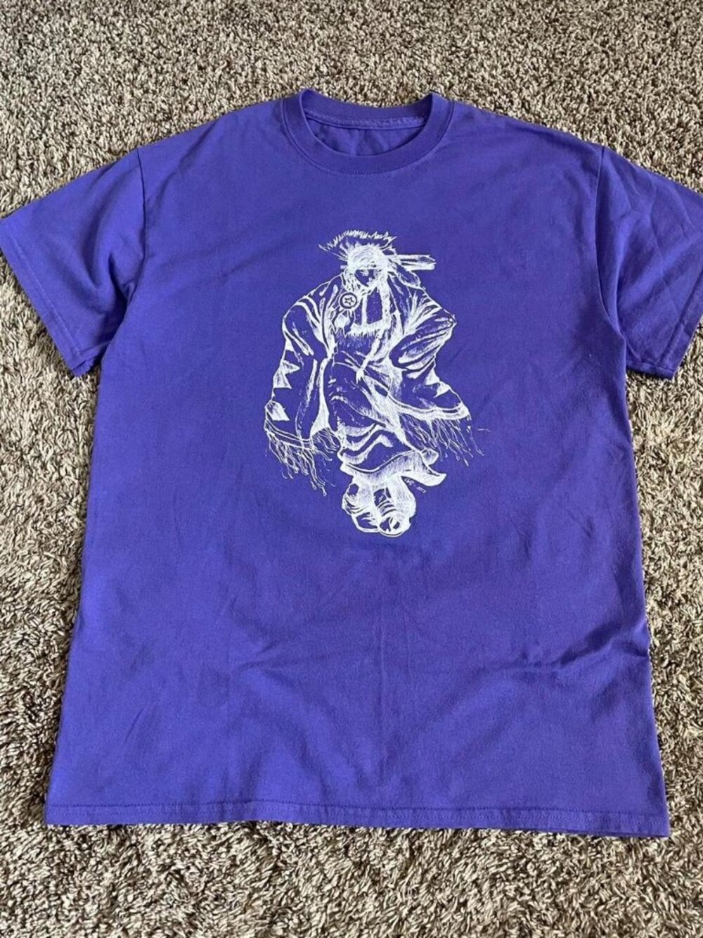Native American Tribesman Art T-Shirt Purple Medium Vintage Colorful Tee